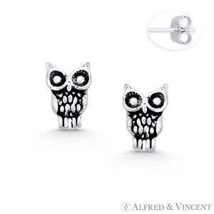Perched Owl Animal Charm Stud Earrings in Oxidized .925 Sterling Silver